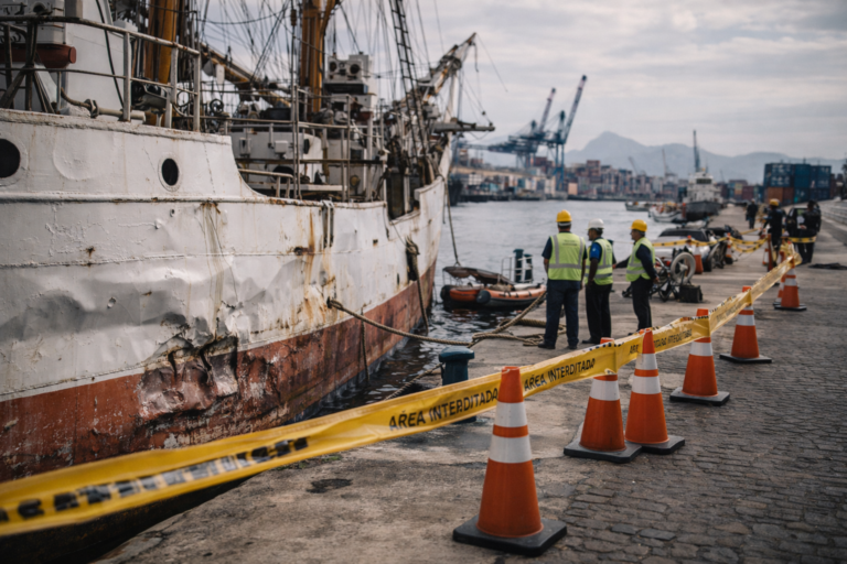 Navio científico Professor W. Besnard tomba no Porto de Santos e fica parcialmente submerso